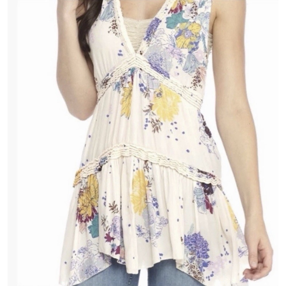 Free People Purple Haze Floral Printed Tunic Tank Size S Boho Fairy Flowy Resort